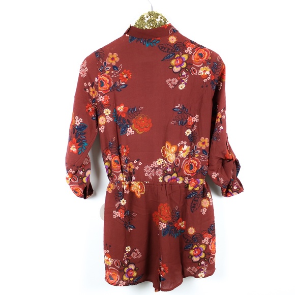 Red Floral Long Sleeve Drawstring Choker Romper - Picture 7 of 7
